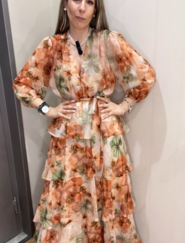 Floral printed εκάι  μακρυμάνικο maxi φόρεμα, με 3/4 μανίκι, σε κλος γραμμή με επίπεδα, V-λαιμόκοψη, λάστιχο στην μέση, σούρες στους ώμους και αποσπώμενη ζώνη Be You