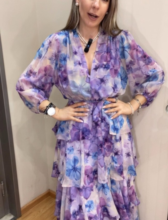 Floral printed λιλά μακρυμάνικο maxi φόρεμα, με 3/4 μανίκι, σε κλος γραμμή με επίπεδα, V-λαιμόκοψη, λάστιχο στην μέση, σούρες στους ώμους και αποσπώμενη ζώνη Be You