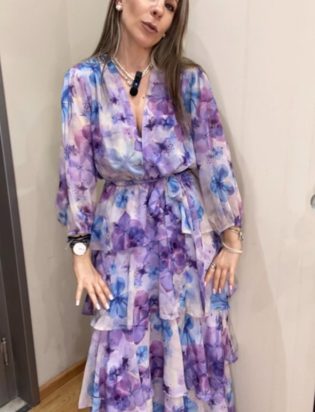 Floral printed λιλά μακρυμάνικο maxi φόρεμα, με 3/4 μανίκι, σε κλος γραμμή με επίπεδα, V-λαιμόκοψη, λάστιχο στην μέση, σούρες στους ώμους και αποσπώμενη ζώνη Be You