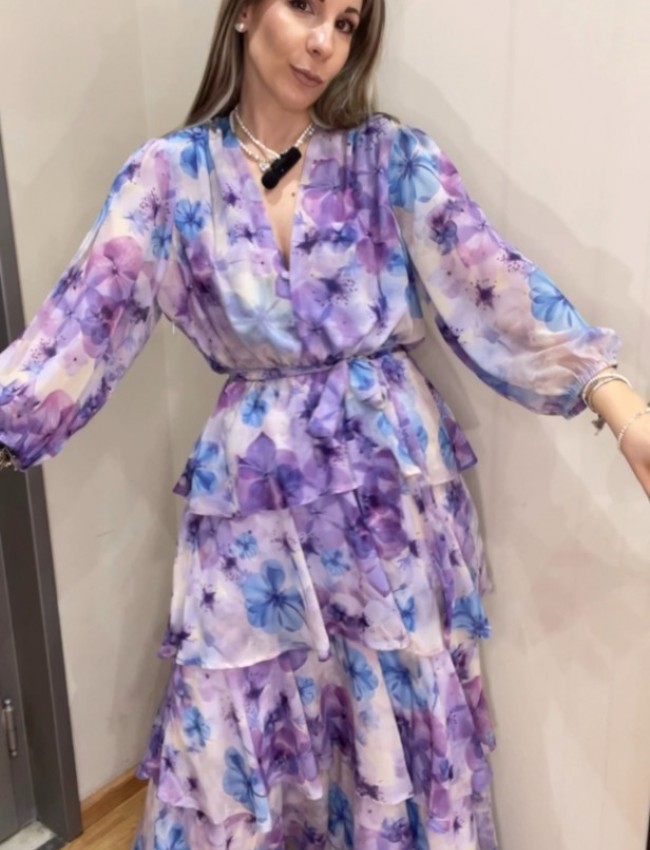 Floral printed λιλά μακρυμάνικο maxi φόρεμα, με 3/4 μανίκι, σε κλος γραμμή με επίπεδα, V-λαιμόκοψη, λάστιχο στην μέση, σούρες στους ώμους και αποσπώμενη ζώνη Be You