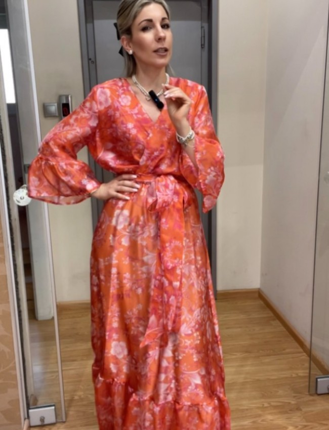 Floral printed πορτοκαλί κρουαζέ μακρυμάνικο maxi φόρεμα, με 3/4 μανίκια, βολάν στα τελειώματα, λάστιχο στην μέση και αποσπώμενη ζώνη Be You 