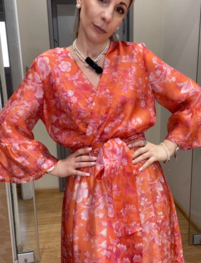 Floral printed πορτοκαλί κρουαζέ μακρυμάνικο maxi φόρεμα, με 3/4 μανίκια, βολάν στα τελειώματα, λάστιχο στην μέση και αποσπώμενη ζώνη Be You 