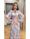 Floral printed σιελ-ροζ μακρυμάνικη κρουαζέ μπλούζα με ιδιαίτερο τύπωμα λουλούδια και με καμπάνα μανίκια Be You  