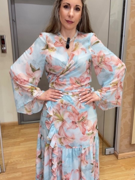 Floral printed σιελ-ροζ μακρυμάνικη κρουαζέ μπλούζα με ιδιαίτερο τύπωμα λουλούδια και με καμπάνα μανίκια Be You  