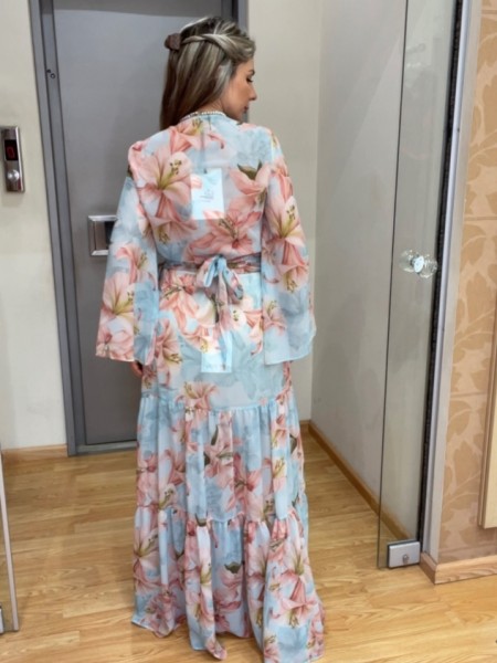 Floral printed σιελ-ροζ ψηλόμεση κρουαζέ maxi φούστα με επίπεδα και μικρά κάθετα βολάν be you 
