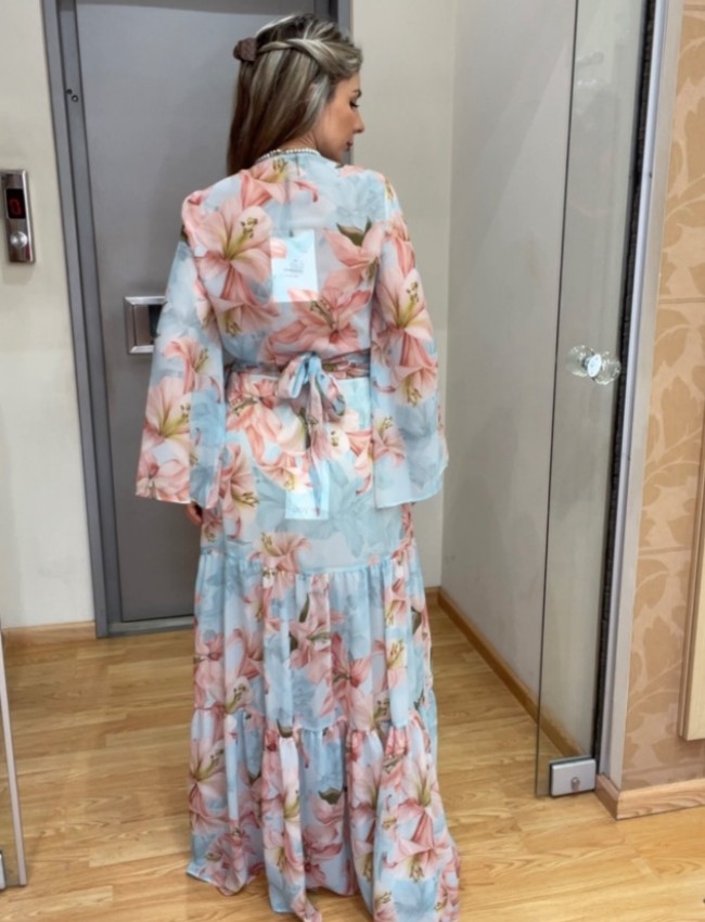 Floral printed σιελ-ροζ ψηλόμεση κρουαζέ maxi φούστα με επίπεδα και μικρά κάθετα βολάν be you Floral printed σιελ-ροζ ψηλόμεση κρουαζέ maxi φούστα με επίπεδα και μικρά κάθετα βολάν be you