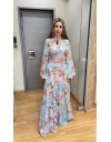 Floral printed σιελ-ροζ ψηλόμεση κρουαζέ maxi φούστα με επίπεδα και μικρά κάθετα βολάν be you 
