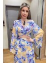 Floral printed μωβ μακρυμάνικη κρουαζέ μπλούζα με ιδιαίτερο τύπωμα λουλούδια και με καμπάνα μανίκια Be You  