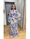 Floral printed μωβ ψηλόμεση κρουαζέ maxi φούστα με επίπεδα και μικρά κάθετα βολάν be you 