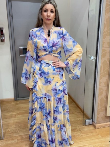 Floral printed μωβ ψηλόμεση κρουαζέ maxi φούστα με επίπεδα και μικρά κάθετα βολάν be you 