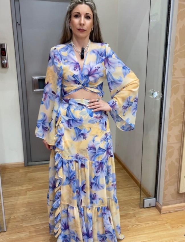 Floral printed μωβ ψηλόμεση κρουαζέ maxi φούστα με επίπεδα και μικρά κάθετα βολάν be you 