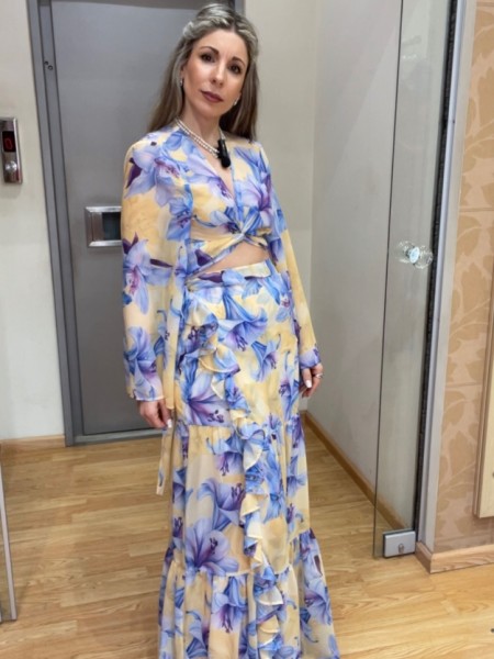 Floral printed μωβ ψηλόμεση κρουαζέ maxi φούστα με επίπεδα και μικρά κάθετα βολάν be you 