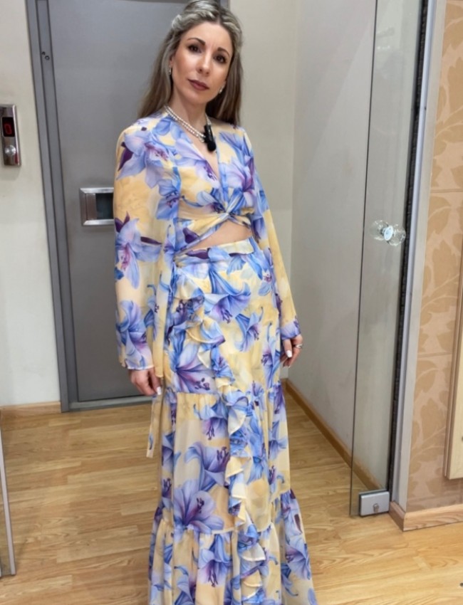 Floral printed μωβ ψηλόμεση κρουαζέ maxi φούστα με επίπεδα και μικρά κάθετα βολάν be you 