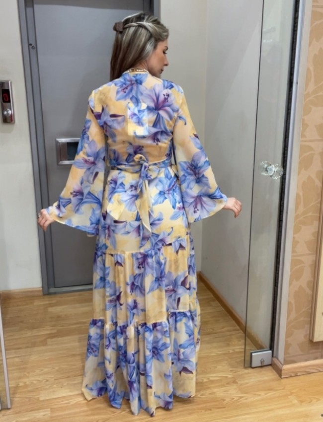 Floral printed μωβ ψηλόμεση κρουαζέ maxi φούστα με επίπεδα και μικρά κάθετα βολάν be you 