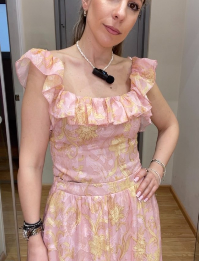 Floral printed ροζ αμάνικη cropped μπλούζα με βολάν στους ώμους, ανοιχτή στρογγυλή λαιμόκοψη και δέσιμο με φιόγκο πίσω στην πλάτη Be You