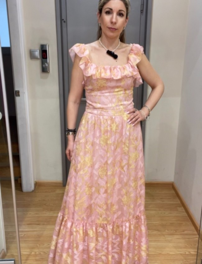 Floral printed ροζ ψηλόμεση maxi φούστα με ένα επίπεδο βολάν και λάστιχο στην μέση Be You