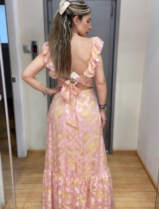 Floral printed ροζ αμάνικη cropped μπλούζα με βολάν στους ώμους, ανοιχτή στρογγυλή λαιμόκοψη και δέσιμο με φιόγκο πίσω στην πλάτη Be You