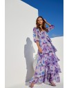 Floral printed λιλά μακρυμάνικο maxi φόρεμα, με 3/4 μανίκι, σε κλος γραμμή με επίπεδα, V-λαιμόκοψη, λάστιχο στην μέση, σούρες στους ώμους και αποσπώμενη ζώνη Be You