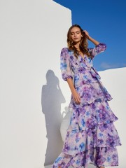 Floral printed λιλά μακρυμάνικο maxi φόρεμα, με 3/4 μανίκι, σε κλος γραμμή με επίπεδα, V-λαιμόκοψη, λάστιχο στην μέση, σούρες στους ώμους και αποσπώμενη ζώνη Be You