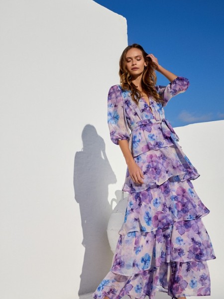 Floral printed λιλά μακρυμάνικο maxi φόρεμα, με 3/4 μανίκι, σε κλος γραμμή με επίπεδα, V-λαιμόκοψη, λάστιχο στην μέση, σούρες στους ώμους και αποσπώμενη ζώνη Be You