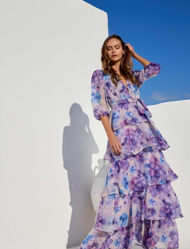 Floral printed λιλά μακρυμάνικο maxi φόρεμα, με 3/4 μανίκι, σε κλος γραμμή με επίπεδα, V-λαιμόκοψη, λάστιχο στην μέση, σούρες στους ώμους και αποσπώμενη ζώνη Be You