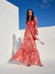 Floral printed πορτοκαλί κρουαζέ μακρυμάνικο maxi φόρεμα, με 3/4 μανίκια, βολάν στα τελειώματα, λάστιχο στην μέση και αποσπώμενη ζώνη Be You 
