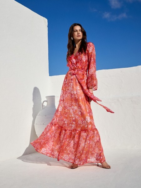Floral printed πορτοκαλί κρουαζέ μακρυμάνικο maxi φόρεμα, με 3/4 μανίκια, βολάν στα τελειώματα, λάστιχο στην μέση και αποσπώμενη ζώνη Be You 