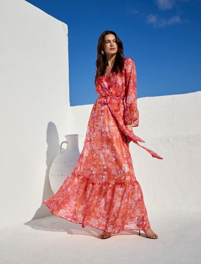 Floral printed πορτοκαλί κρουαζέ μακρυμάνικο maxi φόρεμα, με 3/4 μανίκια, βολάν στα τελειώματα, λάστιχο στην μέση και αποσπώμενη ζώνη Be You 