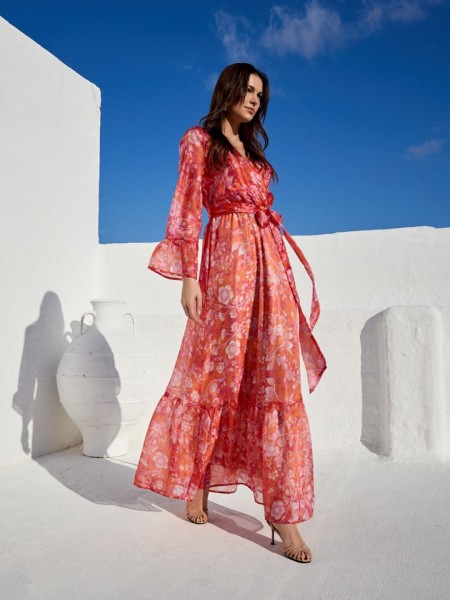 Floral printed πορτοκαλί κρουαζέ μακρυμάνικο maxi φόρεμα, με 3/4 μανίκια, βολάν στα τελειώματα, λάστιχο στην μέση και αποσπώμενη ζώνη Be You 