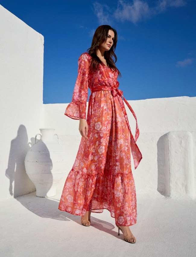 Floral printed πορτοκαλί κρουαζέ μακρυμάνικο maxi φόρεμα, με 3/4 μανίκια, βολάν στα τελειώματα, λάστιχο στην μέση και αποσπώμενη ζώνη Be You 