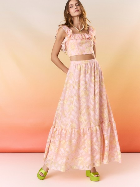 Floral printed ροζ ψηλόμεση maxi φούστα με ένα επίπεδο βολάν και λάστιχο στην μέση Be You