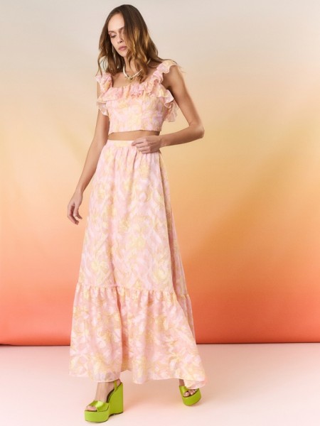 Floral printed ροζ ψηλόμεση maxi φούστα με ένα επίπεδο βολάν και λάστιχο στην μέση Be You