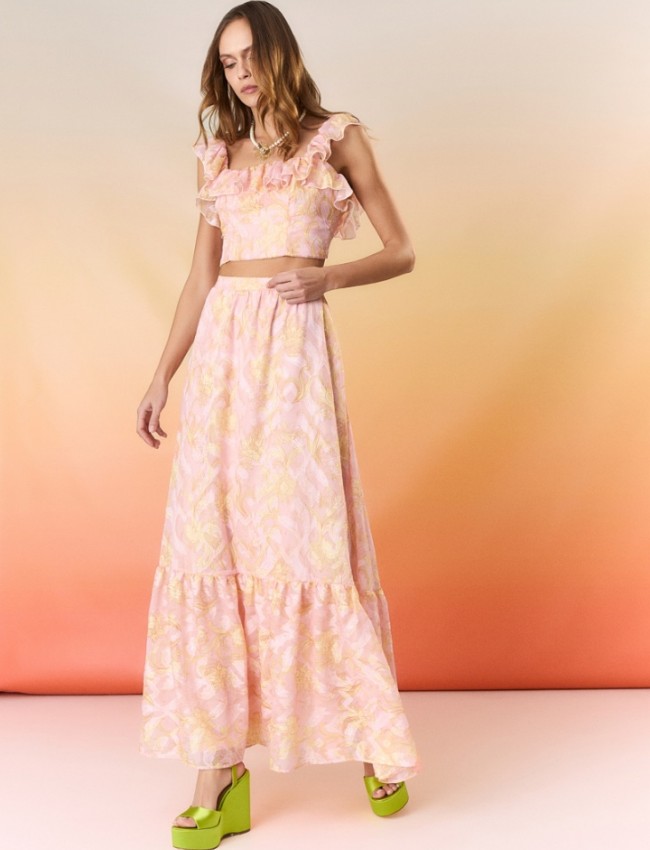 Floral printed ροζ ψηλόμεση maxi φούστα με ένα επίπεδο βολάν και λάστιχο στην μέση Be You