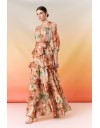 Floral printed εκάι  μακρυμάνικο maxi φόρεμα, με 3/4 μανίκι, σε κλος γραμμή με επίπεδα, V-λαιμόκοψη, λάστιχο στην μέση, σούρες στους ώμους και αποσπώμενη ζώνη Be You