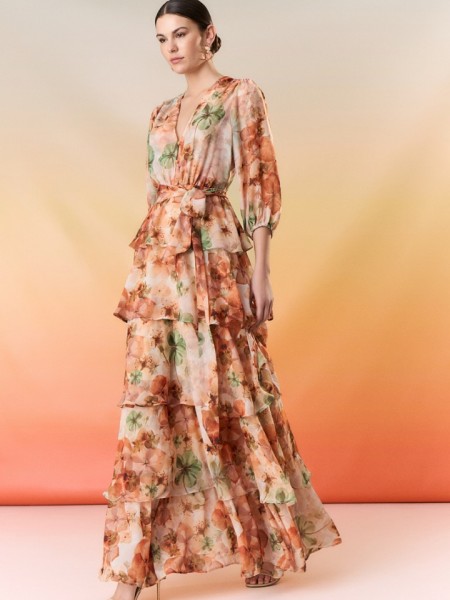 Floral printed εκάι  μακρυμάνικο maxi φόρεμα, με 3/4 μανίκι, σε κλος γραμμή με επίπεδα, V-λαιμόκοψη, λάστιχο στην μέση, σούρες στους ώμους και αποσπώμενη ζώνη Be You
