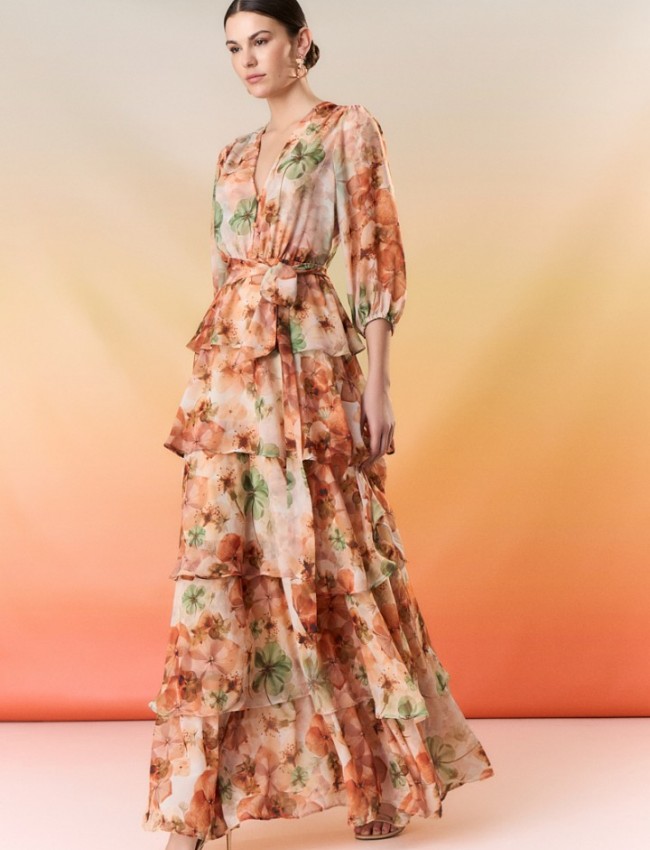 Floral printed εκάι  μακρυμάνικο maxi φόρεμα, με 3/4 μανίκι, σε κλος γραμμή με επίπεδα, V-λαιμόκοψη, λάστιχο στην μέση, σούρες στους ώμους και αποσπώμενη ζώνη Be You