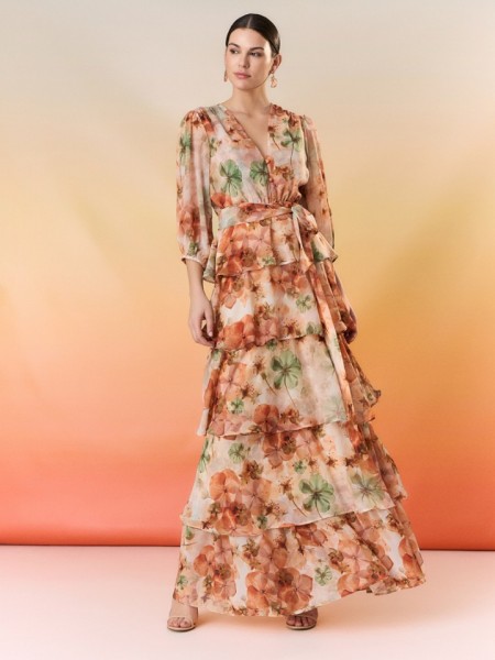Floral printed εκάι  μακρυμάνικο maxi φόρεμα, με 3/4 μανίκι, σε κλος γραμμή με επίπεδα, V-λαιμόκοψη, λάστιχο στην μέση, σούρες στους ώμους και αποσπώμενη ζώνη Be You