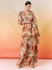 Floral printed εκάι  μακρυμάνικο maxi φόρεμα, με 3/4 μανίκι, σε κλος γραμμή με επίπεδα, V-λαιμόκοψη, λάστιχο στην μέση, σούρες στους ώμους και αποσπώμενη ζώνη Be You
