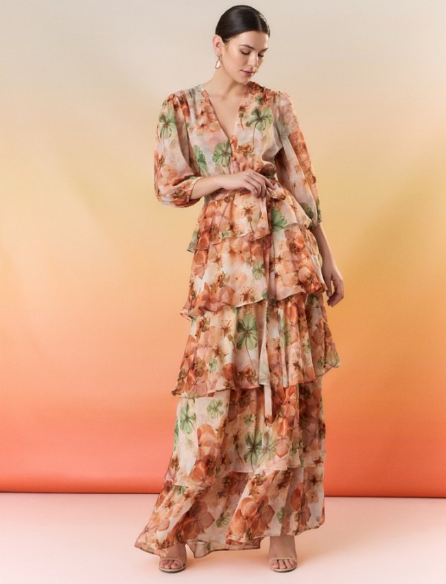 Floral printed εκάι  μακρυμάνικο maxi φόρεμα, με 3/4 μανίκι, σε κλος γραμμή με επίπεδα, V-λαιμόκοψη, λάστιχο στην μέση, σούρες στους ώμους και αποσπώμενη ζώνη Be You