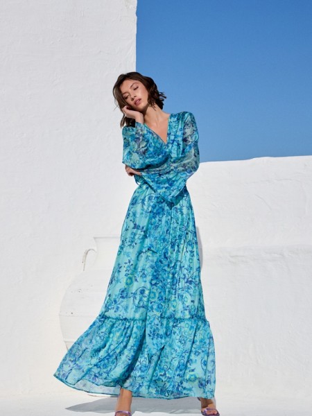 Floral printed γαλάζιο κρουαζέ μακρυμάνικο maxi φόρεμα, με 3/4 μανίκια, βολάν στα τελειώματα, λάστιχο στην μέση και αποσπώμενη ζώνη Be You 