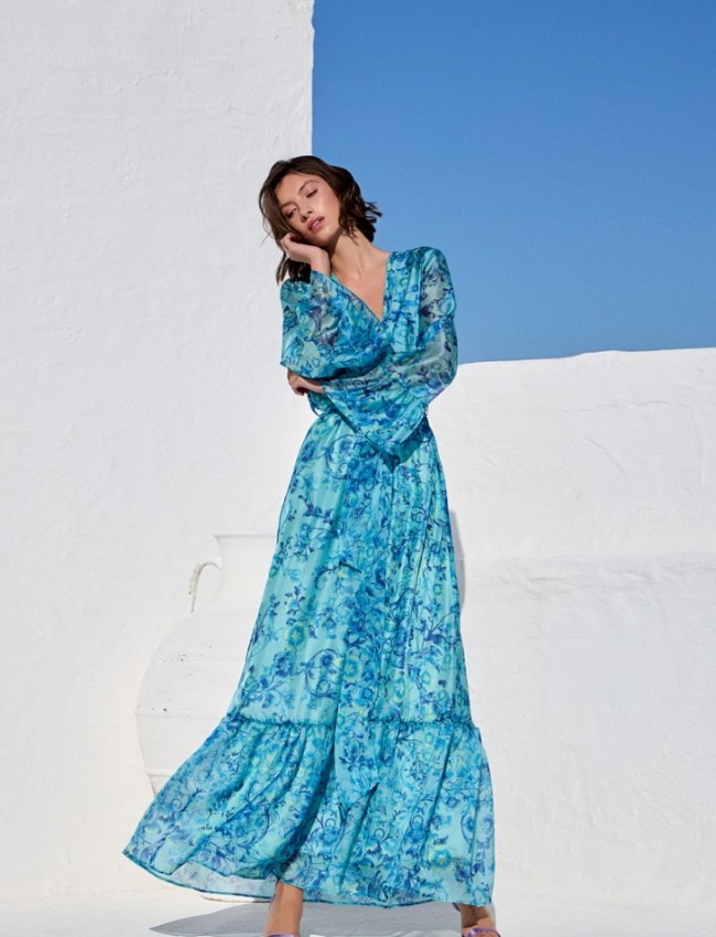 Floral printed γαλάζιο κρουαζέ μακρυμάνικο maxi φόρεμα, με 3/4 μανίκια, βολάν στα τελειώματα, λάστιχο στην μέση και αποσπώμενη ζώνη Be You 