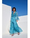 Floral printed γαλάζιο κρουαζέ μακρυμάνικο maxi φόρεμα, με 3/4 μανίκια, βολάν στα τελειώματα, λάστιχο στην μέση και αποσπώμενη ζώνη Be You 
