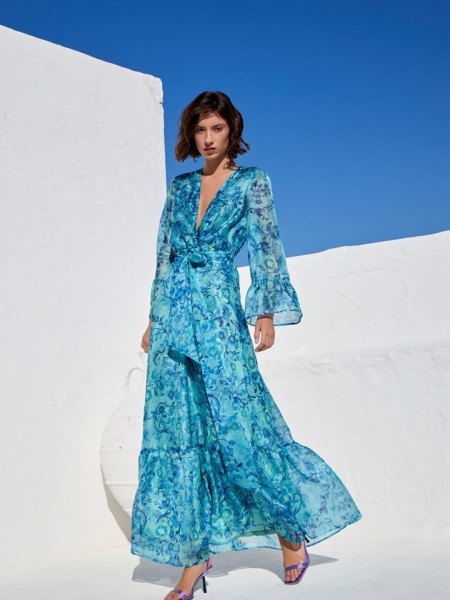 Floral printed γαλάζιο κρουαζέ μακρυμάνικο maxi φόρεμα, με 3/4 μανίκια, βολάν στα τελειώματα, λάστιχο στην μέση και αποσπώμενη ζώνη Be You 