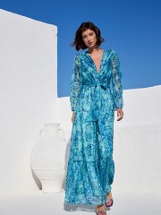 Floral printed γαλάζιο κρουαζέ μακρυμάνικο maxi φόρεμα, με 3/4 μανίκια, βολάν στα τελειώματα, λάστιχο στην μέση και αποσπώμενη ζώνη Be You 