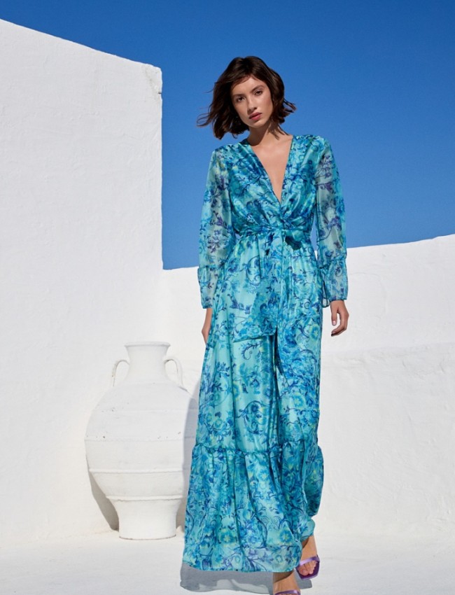 Floral printed γαλάζιο κρουαζέ μακρυμάνικο maxi φόρεμα, με 3/4 μανίκια, βολάν στα τελειώματα, λάστιχο στην μέση και αποσπώμενη ζώνη Be You 