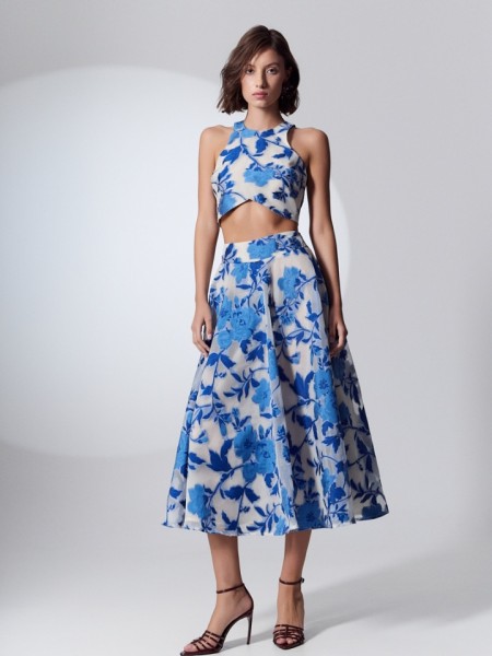 Floral printed μπλε ρουά ψηλόμεση midi φούστα σε κλος γραμμή, σταθερή μέση και κλείσιμο με κρυφό φερμουάρ πίσω Be You 