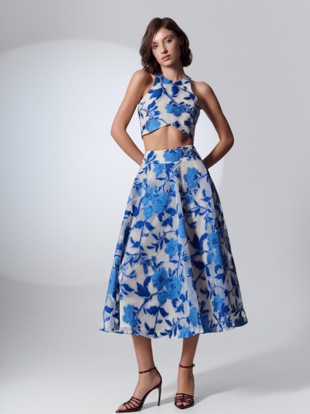 Floral printed μπλε ρουά ψηλόμεση midi φούστα σε κλος γραμμή, σταθερή μέση και κλείσιμο με κρυφό φερμουάρ πίσω Be You 