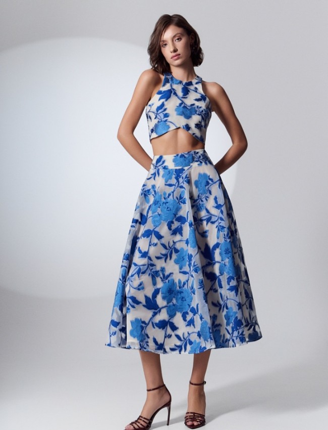 Floral printed μπλε ρουά ψηλόμεση midi φούστα σε κλος γραμμή, σταθερή μέση και κλείσιμο με κρυφό φερμουάρ πίσω Be You 