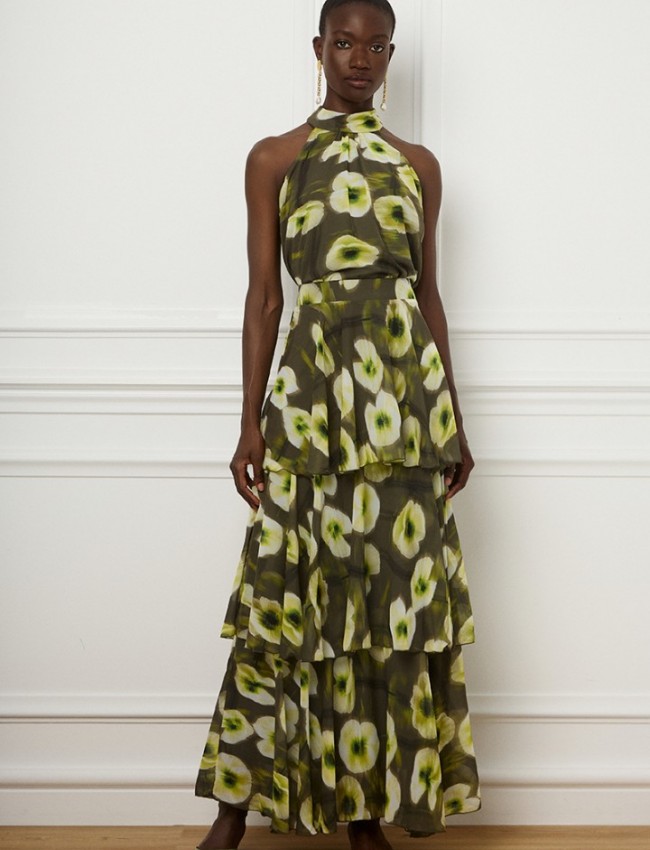 Floral printed λαδί αμάνικη Kallisti μπλούζα με κλειστή λαιμόκοψη και παρτούς ώμους Be You