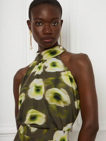 Floral printed λαδί αμάνικη Kallisti μπλούζα με κλειστή λαιμόκοψη και παρτούς ώμους Be You